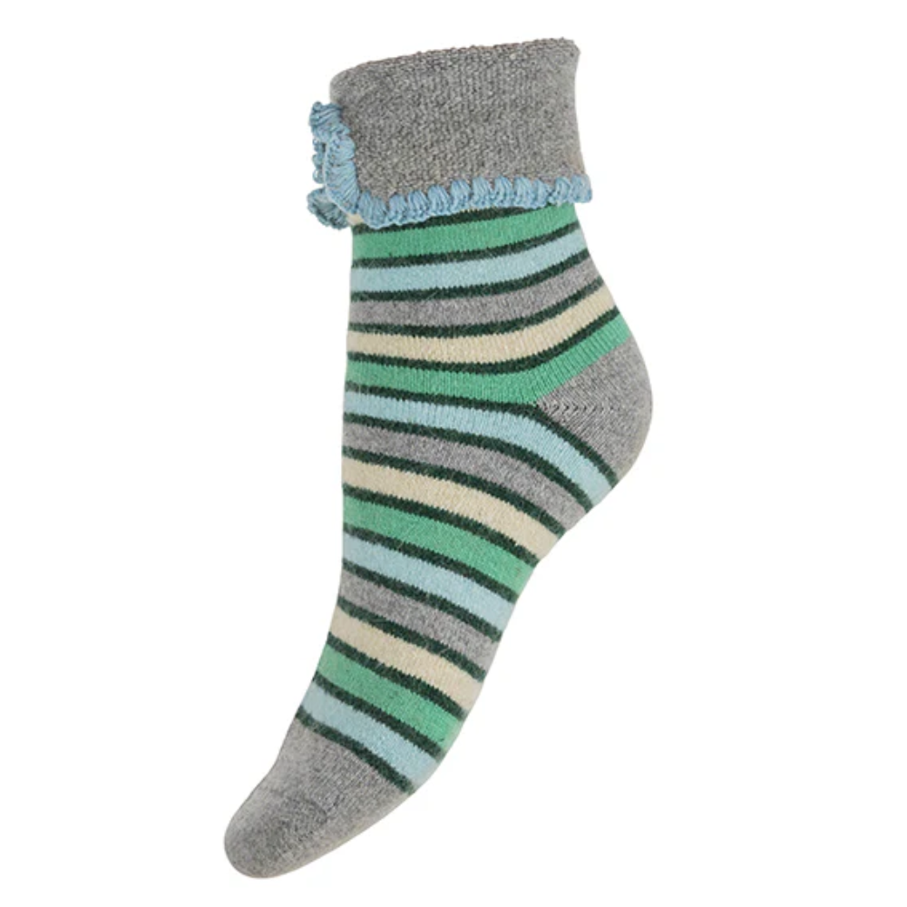 Grey Cuff Socks With Green And Pale Blue Stripes Perfect Gift By Gemjar