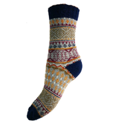 Knitted sock with a colorful pattern on a white background