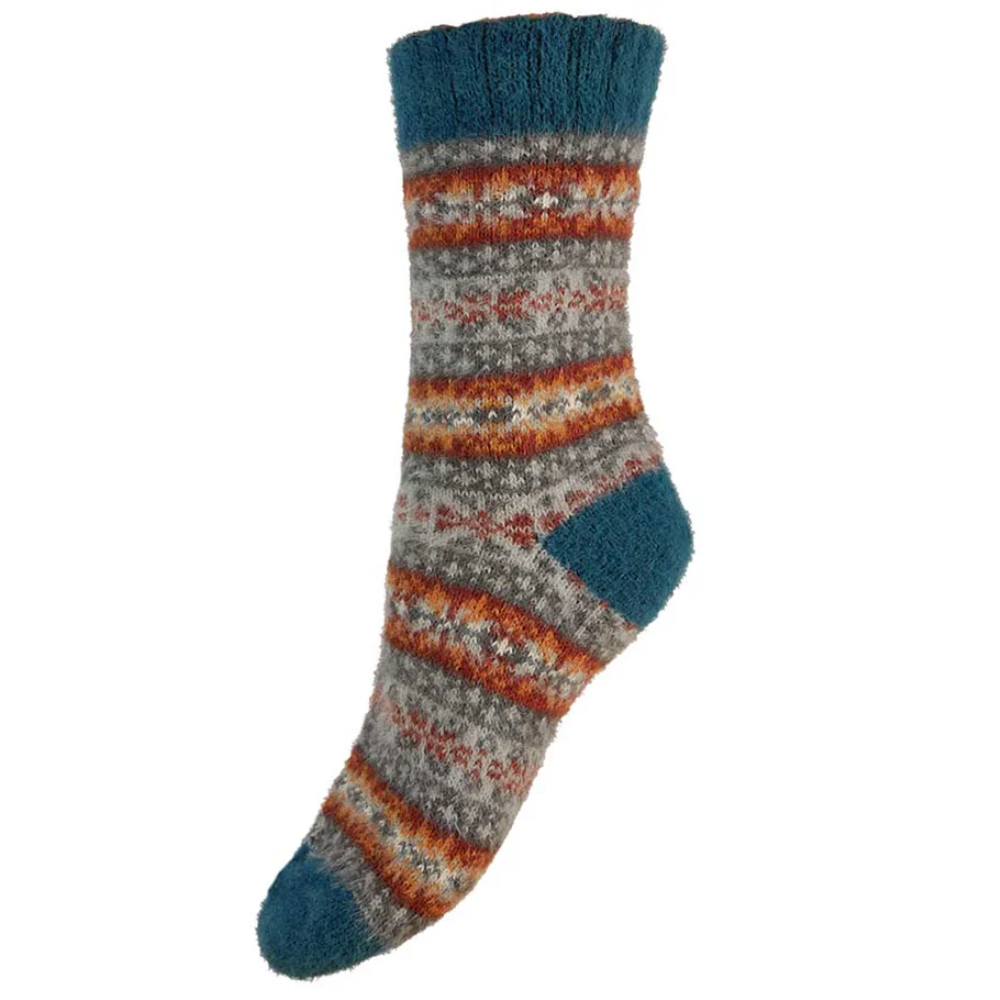 Knitted sock with multicolor pattern on a white background