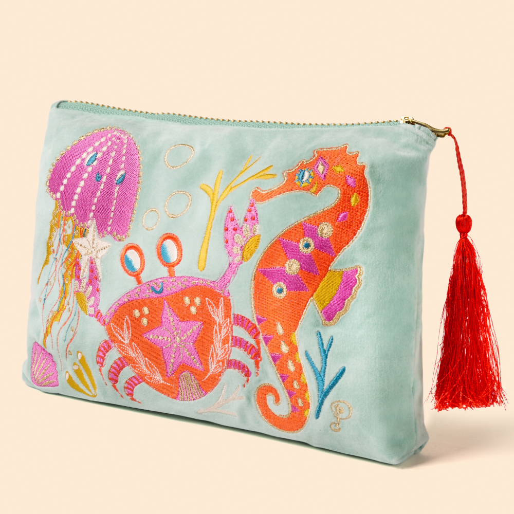Ladies Velvet Zip Pouch Seashore Friends By Powder Design SS25