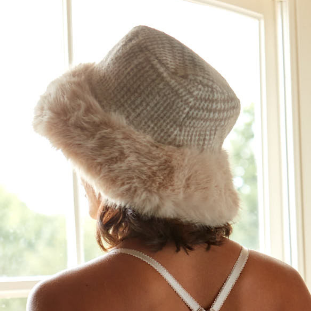 Ladies Prince of Wales Check Bucket Hat with Fluffy Brim By Alex Max AMU-CA102