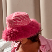 Ladies Prince of Wales Check Bucket Hat with Fluffy Brim By Alex Max AMU-CA102