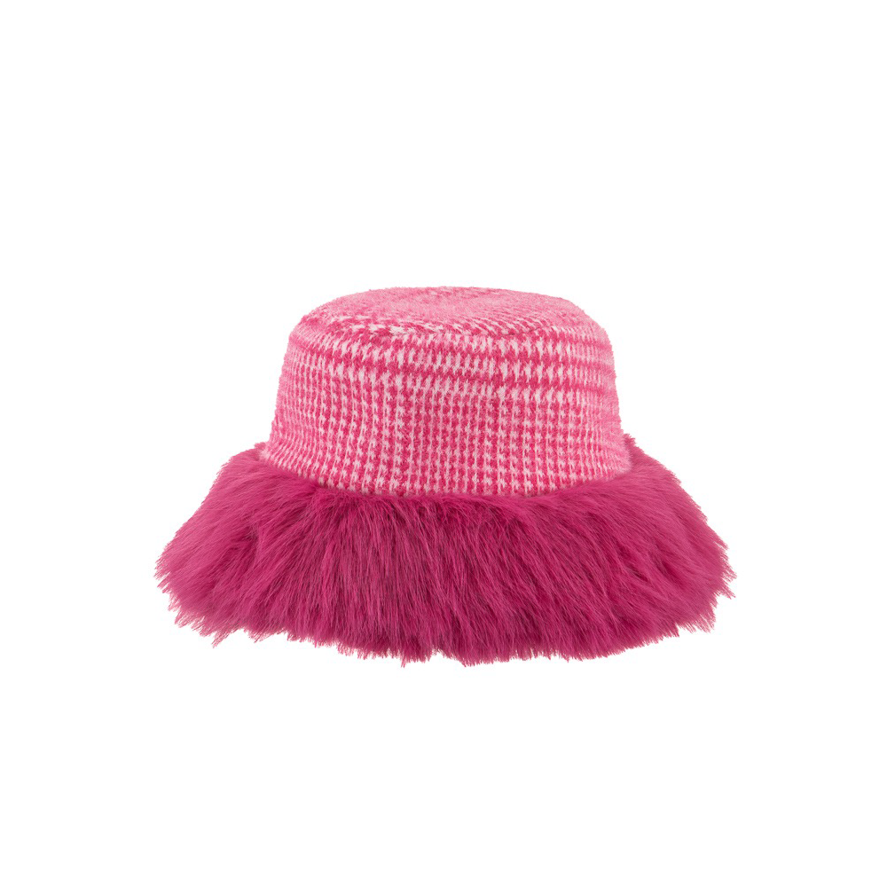 Ladies Prince of Wales Check Bucket Hat with Fluffy Brim By Alex Max AMU-CA102 - Fuchsia