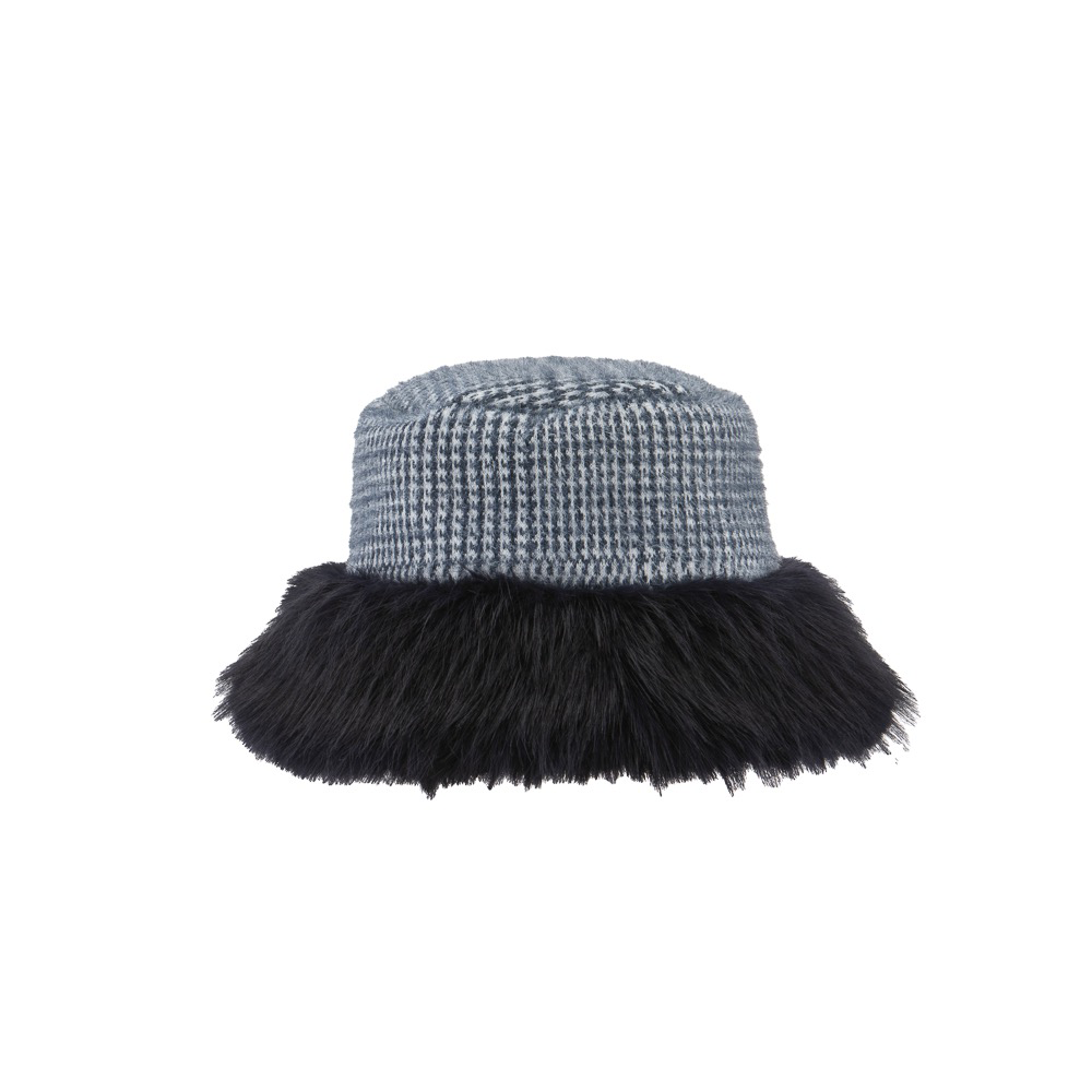 Ladies Prince of Wales Check Bucket Hat with Fluffy Brim By Alex Max AMU-CA102 - Navy