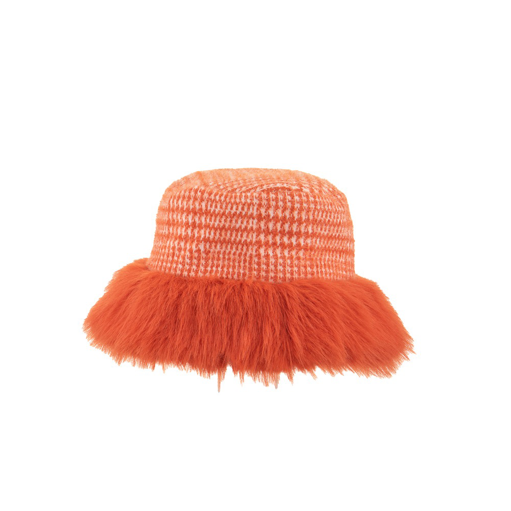 Ladies Prince of Wales Check Bucket Hat with Fluffy Brim By Alex Max AMU-CA102 - Orange