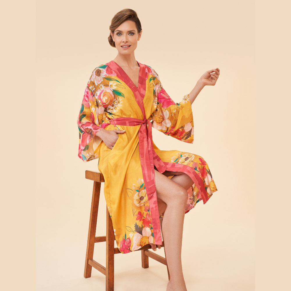 Ladies Kimono Gown Impressionist Floral Mustard By Powder Design PKG39 SS24