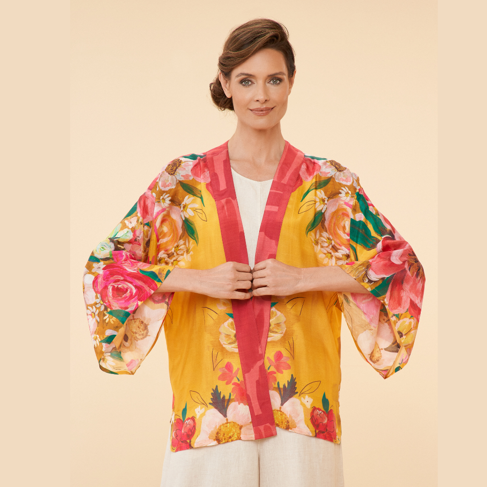 Ladies Kimono Jacket Impressionist Floral Mustard By Powder Design PKJ39 SS24