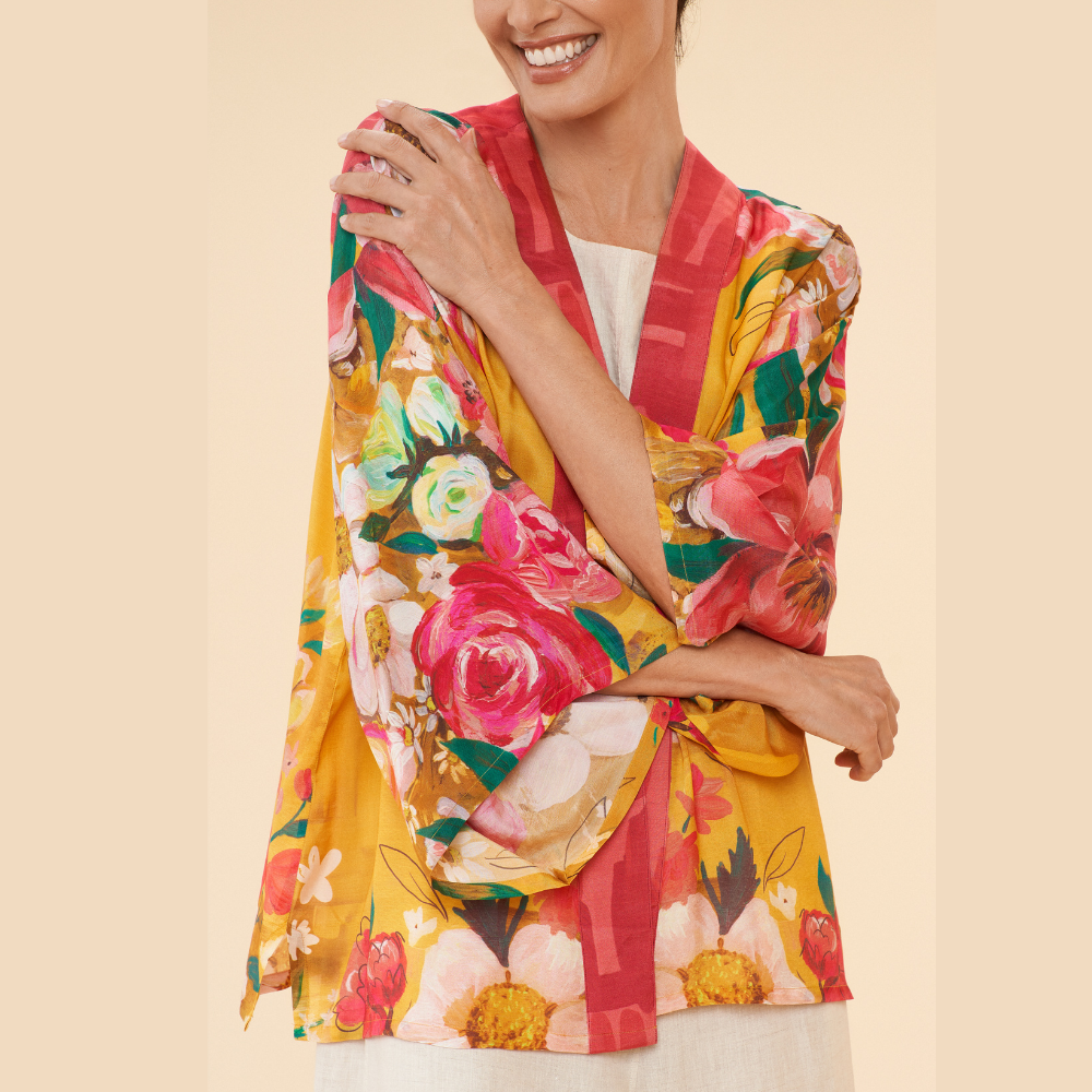 Ladies Kimono Jacket Impressionist Floral Mustard By Powder Design PKJ39 SS24