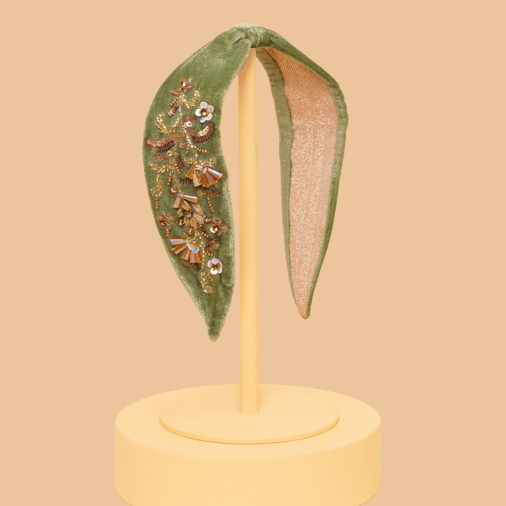 Ladies Embellished Golden Wildflowers Velvet Headbands Perfect Gift by Powder Design - Fern