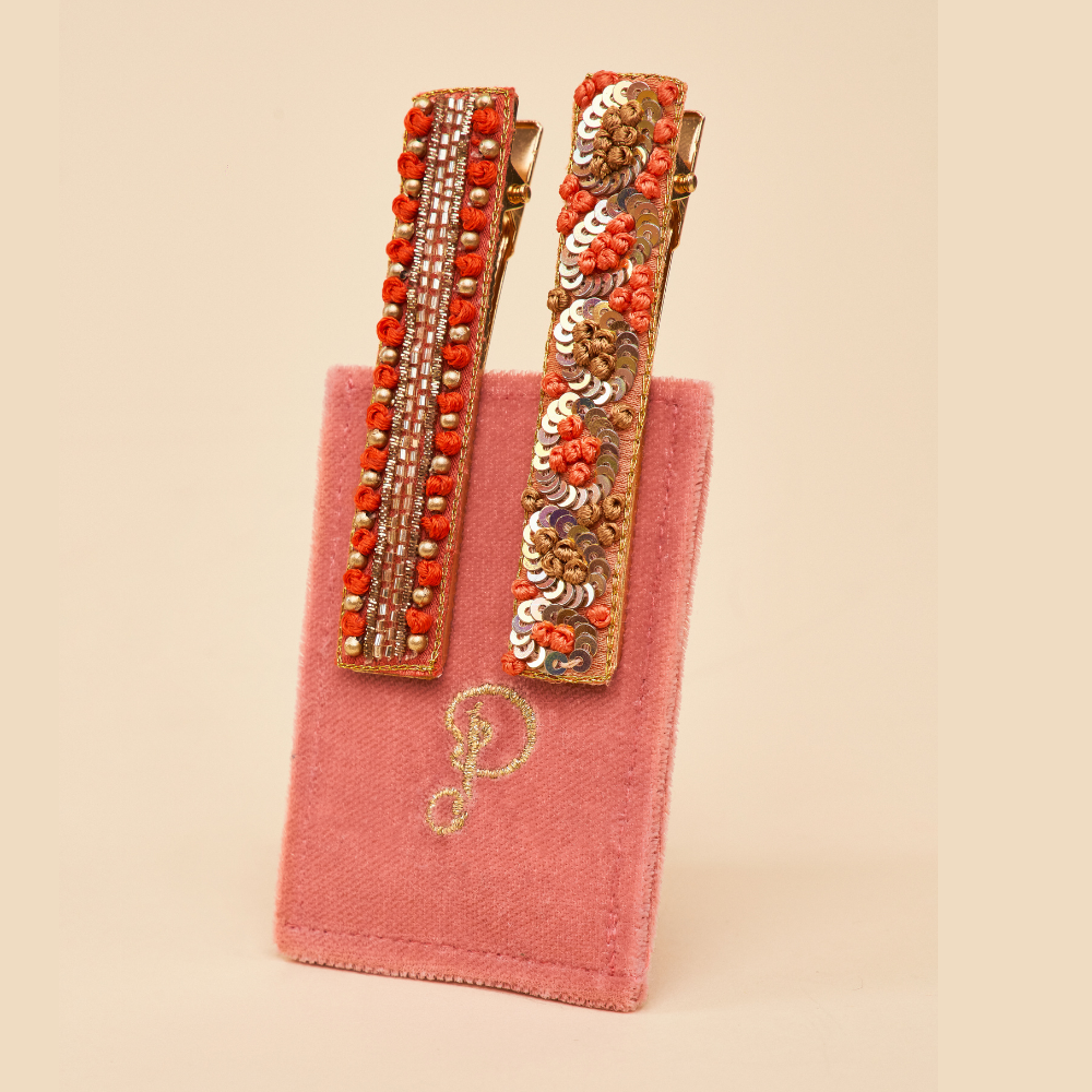 Ladies Jewelled Hair Clip Narrow Bar Coral Ovals & Beads By Powder Design BAR11 SS24