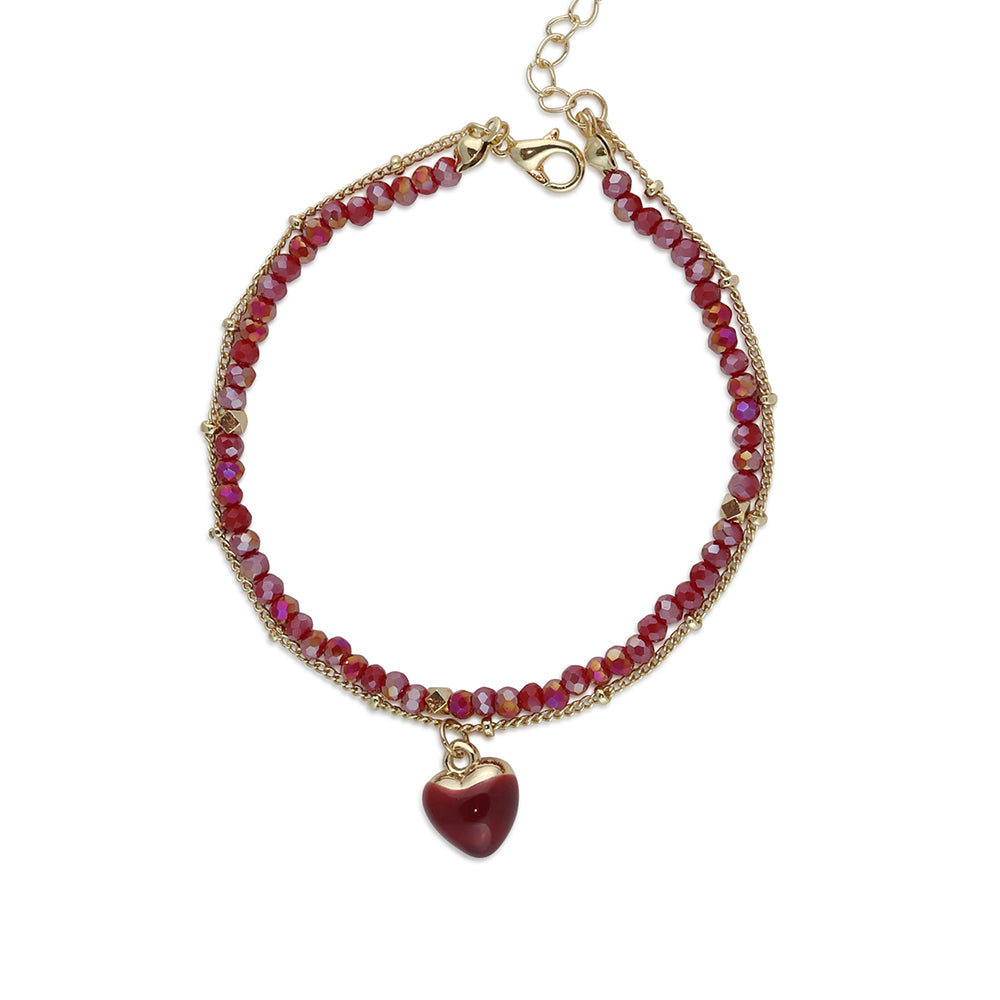 Ladies Bracelet Beaded Layered with Heart Charm REBECCA Jewellery Gift by Big Metal London 2805 IN RED