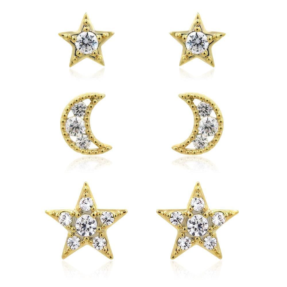 Ladies Gold Stud Earrings Pack of 3 Star & Moon Jewellery Gift Last True Angel LEM24G