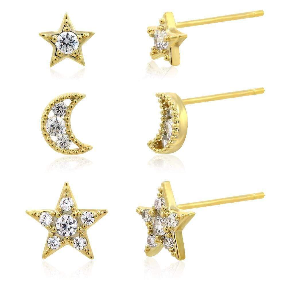 Ladies Gold Stud Earrings Pack of 3 Star & Moon Jewellery Gift Last True Angel LEM24G