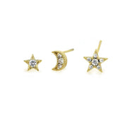 Ladies Gold Stud Earrings Pack of 3 Star & Moon Jewellery Gift Last True Angel LEM24G