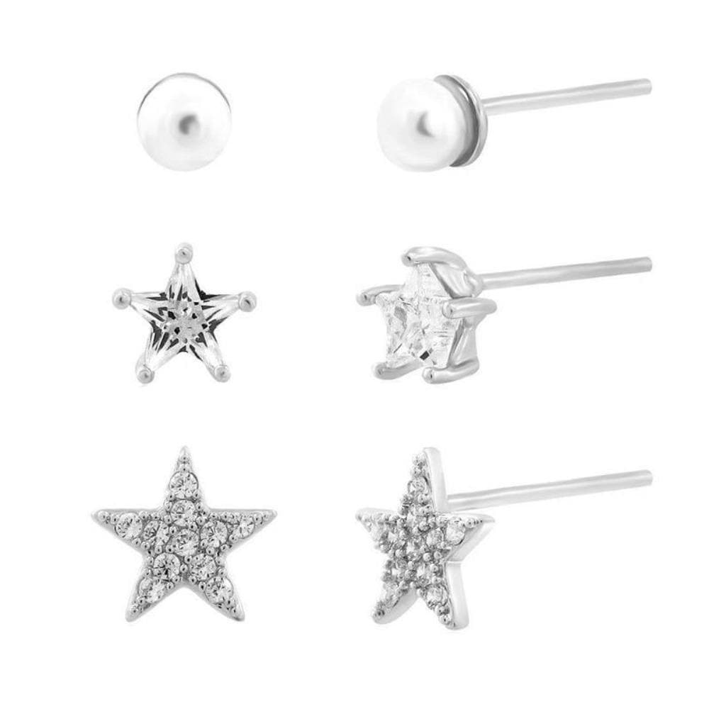 Ladies Pearl and Cubic Zirconia Stud Earrings for Pierced Ears - Pack of 3 Star Designs - Jewellery Gift - Last True Angel