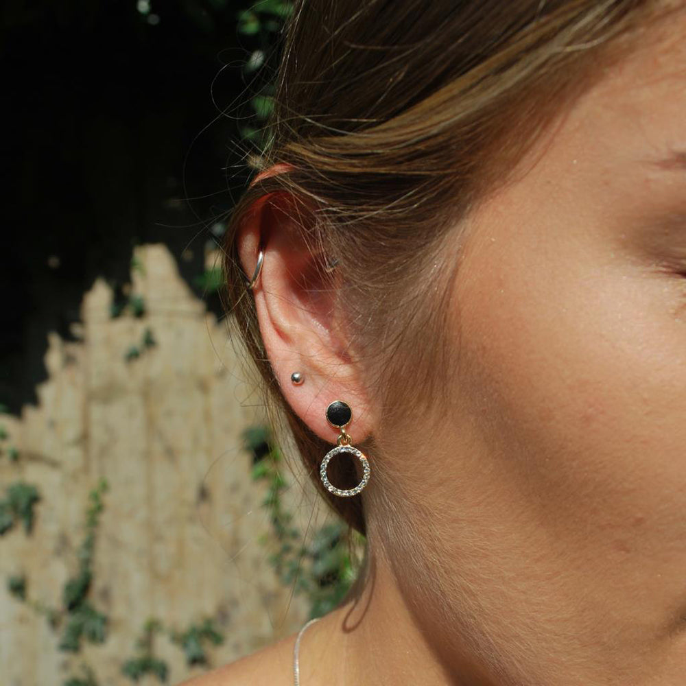 Ladies Earrings Enamel circle & crystal disc earring in black Jewellery Gift By Last True Angel LE588B