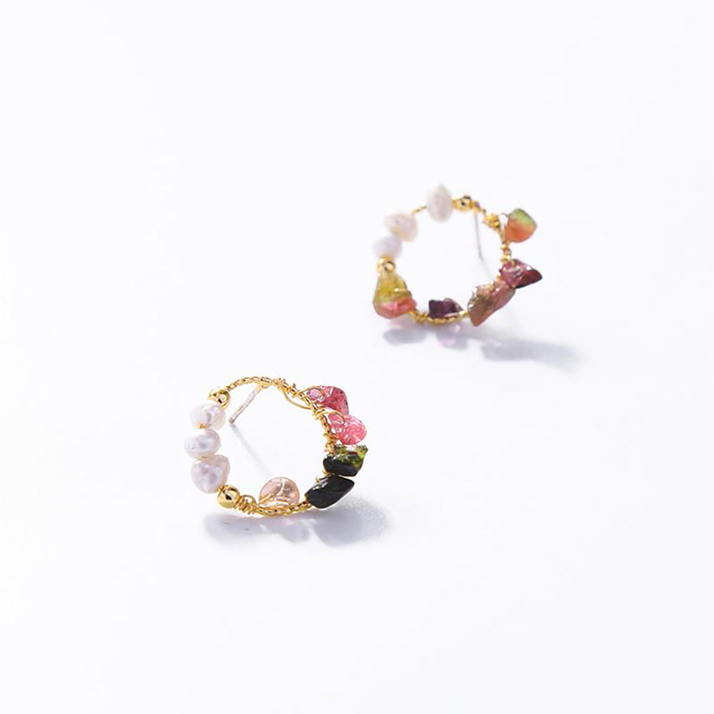 Ladies Pierced Hoop Earrings With Natural Stones & Cultured Pearls Perfect Gift By Last True Angel LE536G