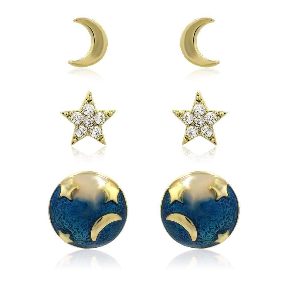 Ladies Stud Earrings Enamel - Pack of 3 Star & Moon - Jewellery Gift - Last True Angel