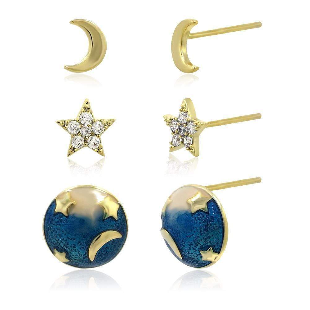 Ladies Stud Earrings Enamel - Pack of 3 Star & Moon - Jewellery Gift - Last True Angel
