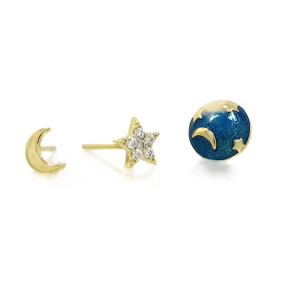 Ladies Stud Earrings Enamel - Pack of 3 Star & Moon - Jewellery Gift - Last True Angel