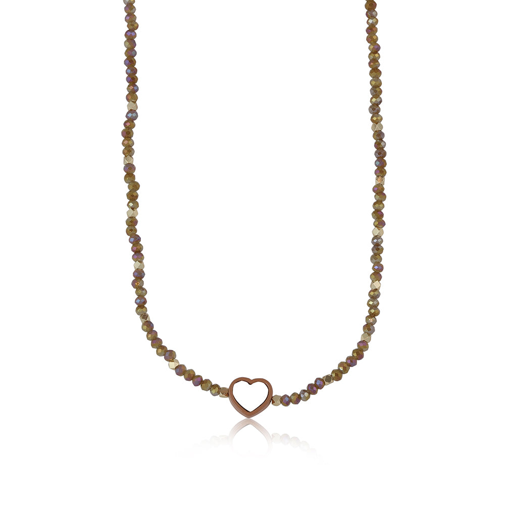 Ladies beaded necklace with heart charm ELSA by Big Metal London 2818 in brown