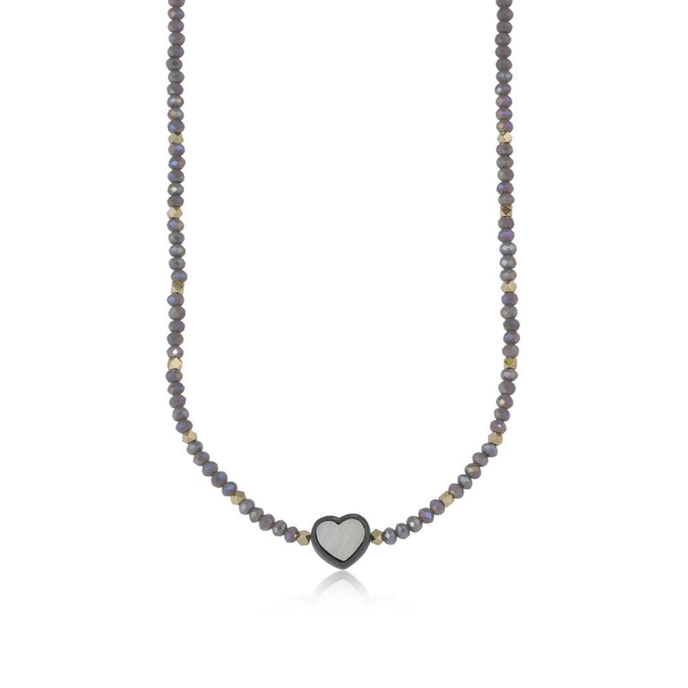 Ladies beaded necklace with heart charm ELSA by Big Metal London 2818 in grey