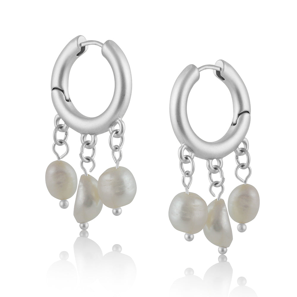 Pierced Hoop Earrings with Strand of Pearl Detail TAMARA Perfect Gift by Big Metal London